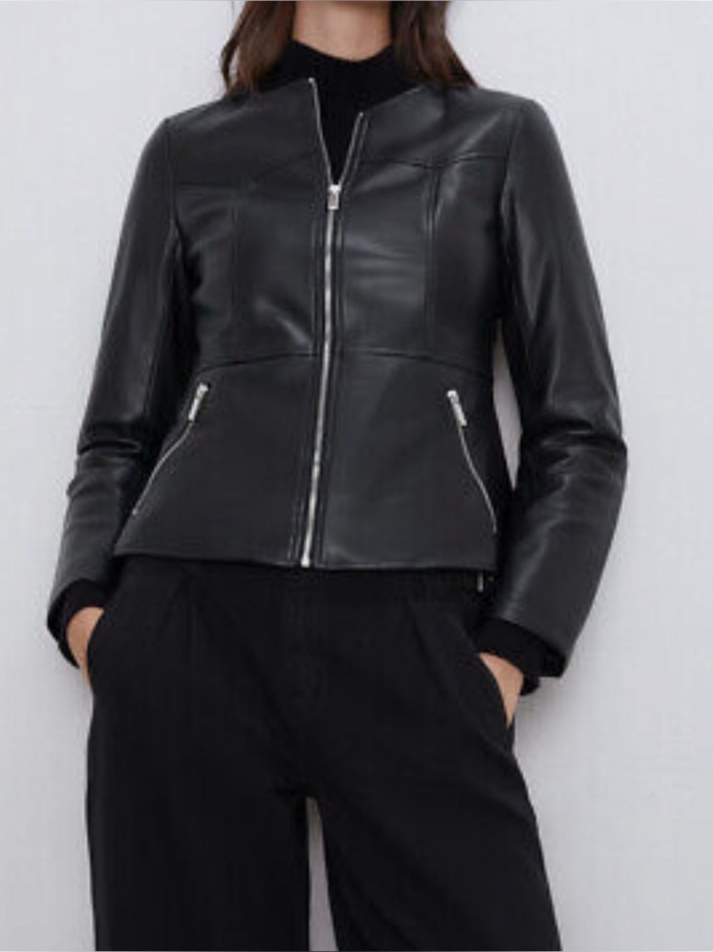 Zara Black Faux Leather Collarless Moto Biker Jacket Full Zip Fitted Small